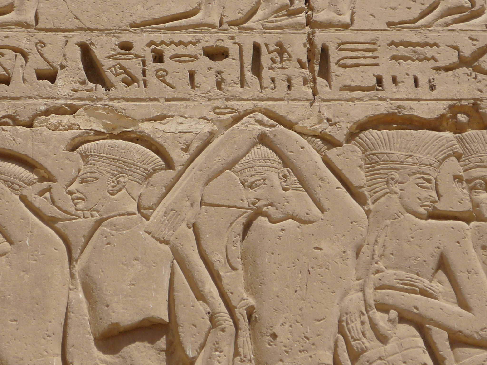 Captured Sea People from Medinet Habu. Photo: Rémih via Wikimedia Commons. CC By-SA 3.0 DEED.