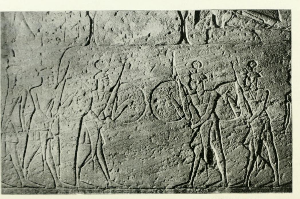 Shardana bodyguards of Ramses II from Abu Simbel. From The monuments of Sudanese Nubia, report of the work of the Egyptian Expedition, Season of 1906-1907 (1908), vol 1, fig. 1. Public Domain