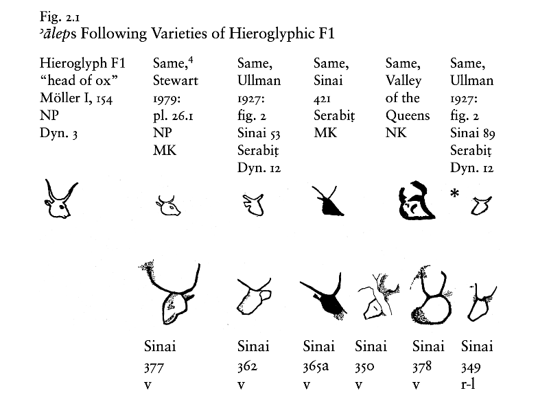 Parallels between the Egyptian “ bull ” sign and the Proto - Sinaitic alef sign, from G. Hamilton, The Origins of the West Semitic Alphabet in Egyptian Scripts , fig. 2.1, p. 31 (2006)