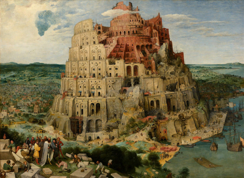 The Tower of Babel by Pieter Breugel the Elder (1563) . While famous throughout European history because of the biblical story, no one knew what the Tower of Babel might have looked like until the 19th - century rediscovery of Mesopotamian ziggurats. In this painting, Bruegel imagined a building like the Coloss eum in Rome reaching high into the sky, but unfinished