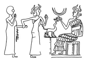 Drawing of a cylinder seal depicting a presentation scene in a sanctuary: a worshiper is brought before a seated deity (Geštinanna) and a standard indicates the sacred space. Neo-Sumerian Period. BM 18805 (van Dijk-Coombes 2023:395 NS90).