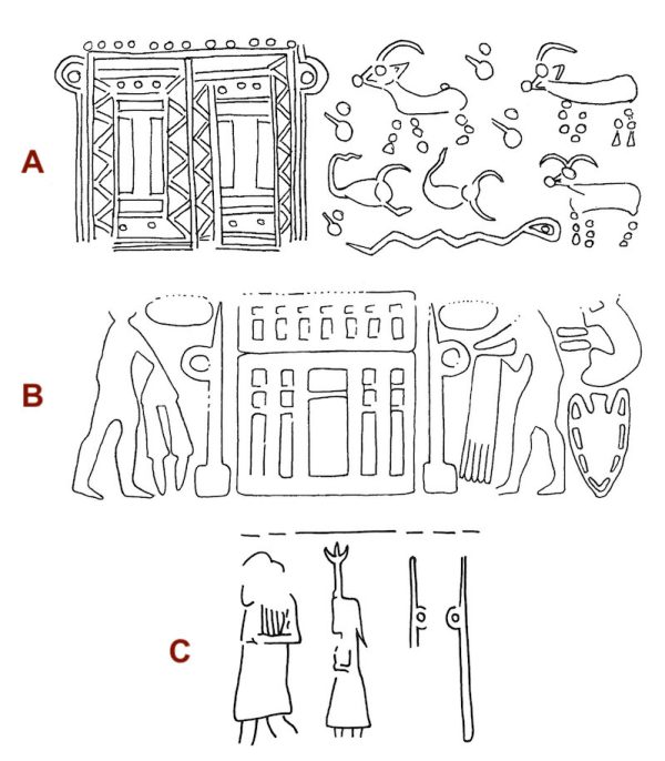 Three different ways standards were associated with architecture, as depicted on seals. A) standard is intrinsically part of the building. B) standards are associated with the building. C) standards are indicative of divine space (van Dijk-Coombes 2023, nos. U74, U76, and U80).