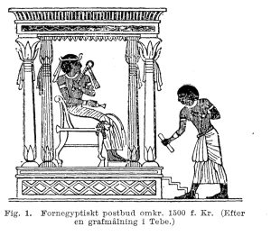 A Messenger appears before the king. Drawing                        after a mural in a Theban tomb. From Norisk                        familjebok (1915)