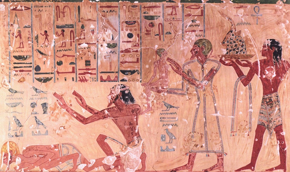 Facsimile of a painting from the Tomb                    of Menkheperrasone depicting foreign princes at the                    court of Tuthmosis III. The third figure from the left                    is the prince of Tunip presenting his son to the                    court. From Davies (1936), Ancient Egyptian Paintings                    Vol 1, Pl. XXI. ©University of Chicago.