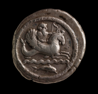 Reverse of a Silver coin depicting a “Marine God” on a hippokampos (seahorse). Ca. 360–350 BCE. © The Trustees of the British Museum.