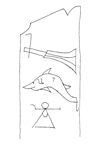Fig. 7: Ship’s rudder, dolphin, and sign of Tanit; sacrificial stela, Carthage. Source: Brody 1998, Fig. 20.
