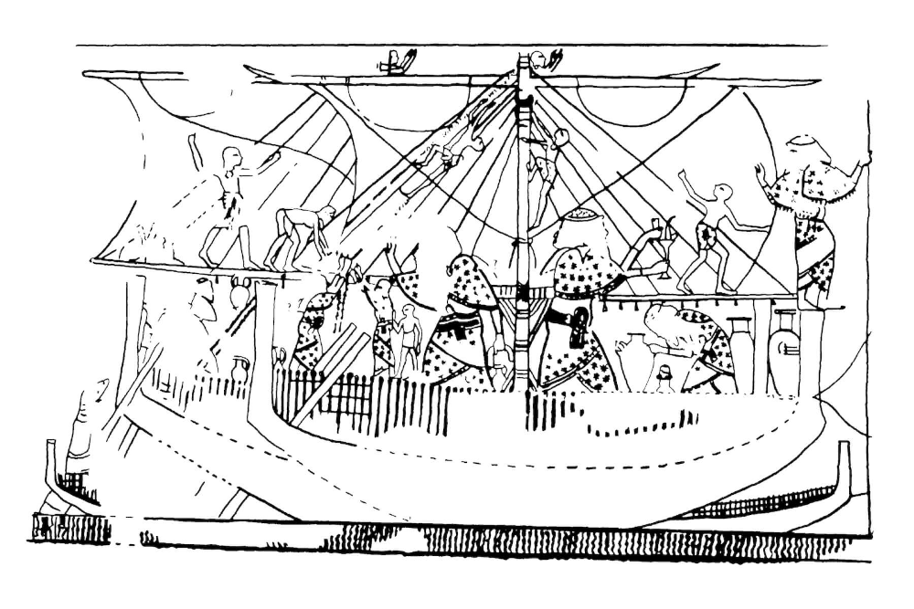 Fig. 8a and 8b: Levantine ships docking in Egypt, after a painting in the tomb of Kenamun, Overseer of the Cattle of Amun, Dynasty 18, Thebes. Source: Brody 1998, Figs. 76.