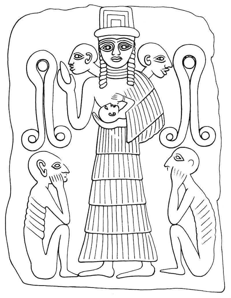 Drawing of a plaque depicting the goddess Ninhursag suckling an infant. Louvre AO 12442. From Winter 1993, Abb. 390 (see bottom of page for full info)