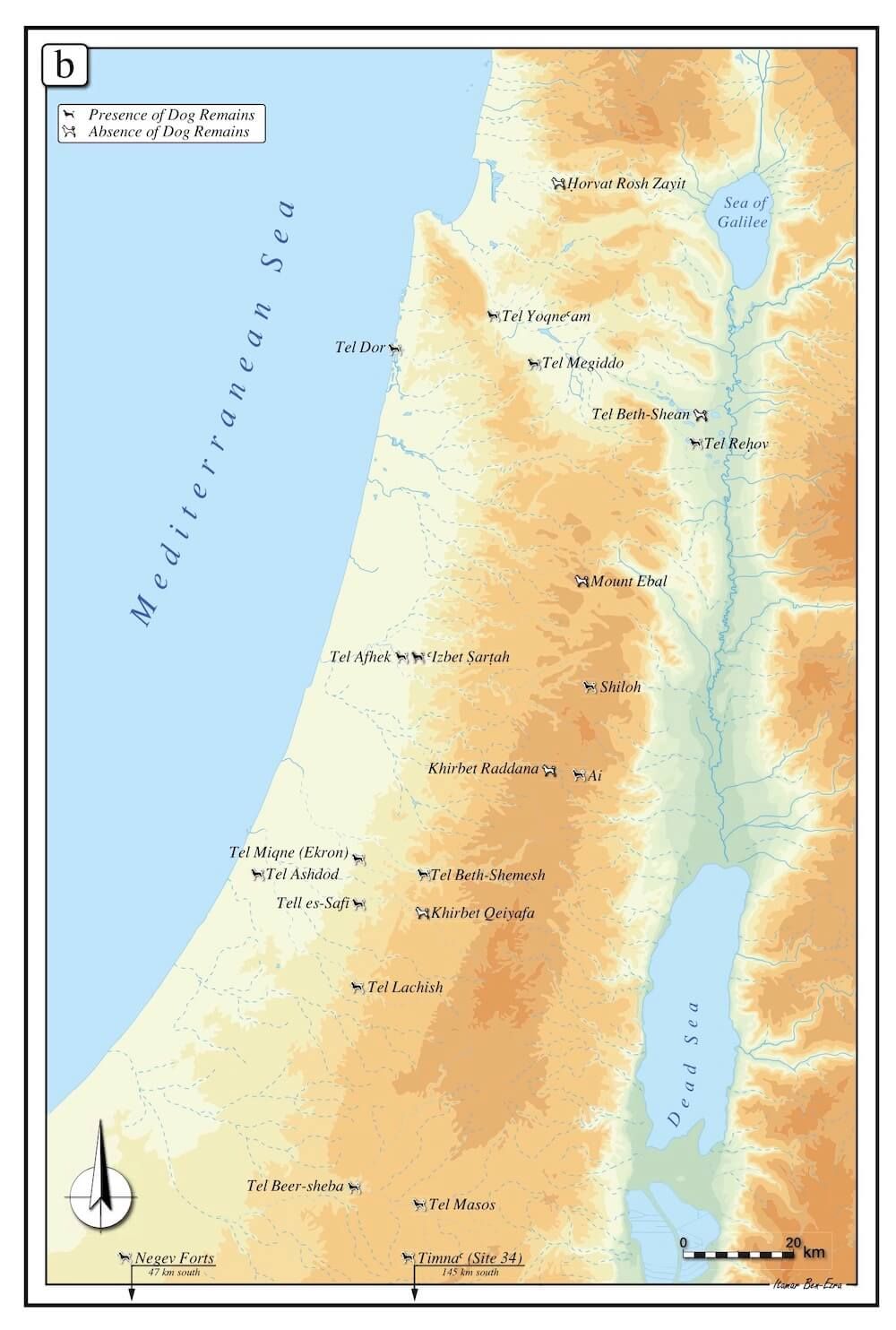 Figure 3: Sites of the Iron I – early Iron IIA, and presence or absence of dogs. Map by Itamar Ben-Ezra, courtesy of the Sonia and Marco Nadler Institute of Archaeology, Tel Aviv University. For the full series of maps by period, click through to our full article, “A Dog’s Life in the Iron Age of the Southern Levant.”
