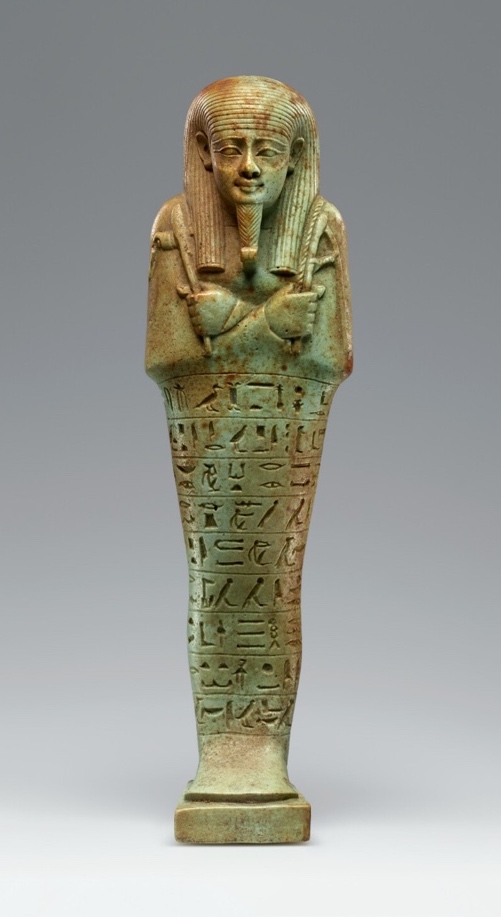 "Ushabti for Neferibresaneith", about 570–526 BCE, Egyptian. Green faience, 7 3/16 × 2 1/16 in. The J. Paul Getty Museum, 2016.2