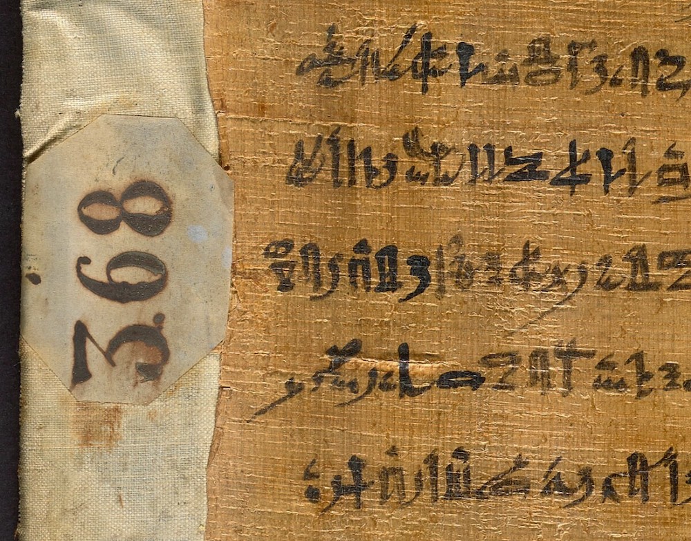 "Book of the Dead Papyrus of Ankhesenaset" (detail of shelfmark), about 1069–900 BCE, Egyptian. Papyrus and ink, 7 ¼ x 23 7/16 in. Getty Museum, Gift of Mr. and Mrs. H. P. Kraus, 83.AI.46.6