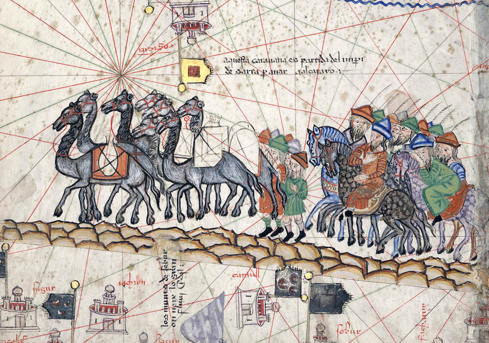The caravan of Marco Polo as depicted in the “Catalan Atlas” by Cresques Abraham, 1370–1380 CE. Bibliothèque nationale de France (Public Domain).