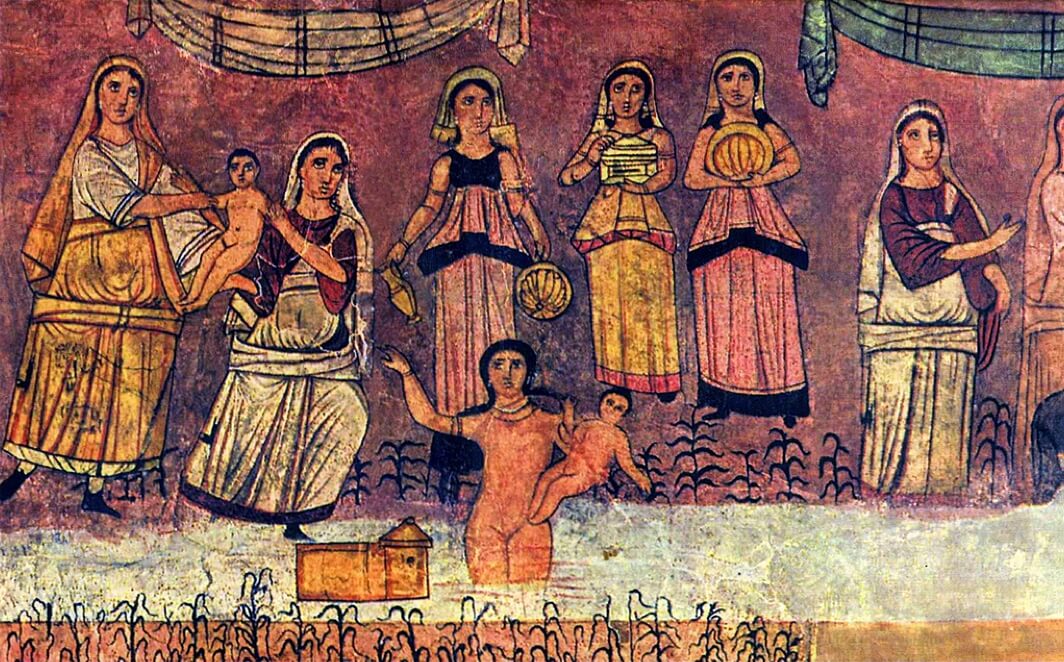 Fresco from a synagogue in Dura Europos, depicting the discovery of baby Moses by the Egyptian princess Thermouthis. Ca. 244–355 CE. Public Domain.