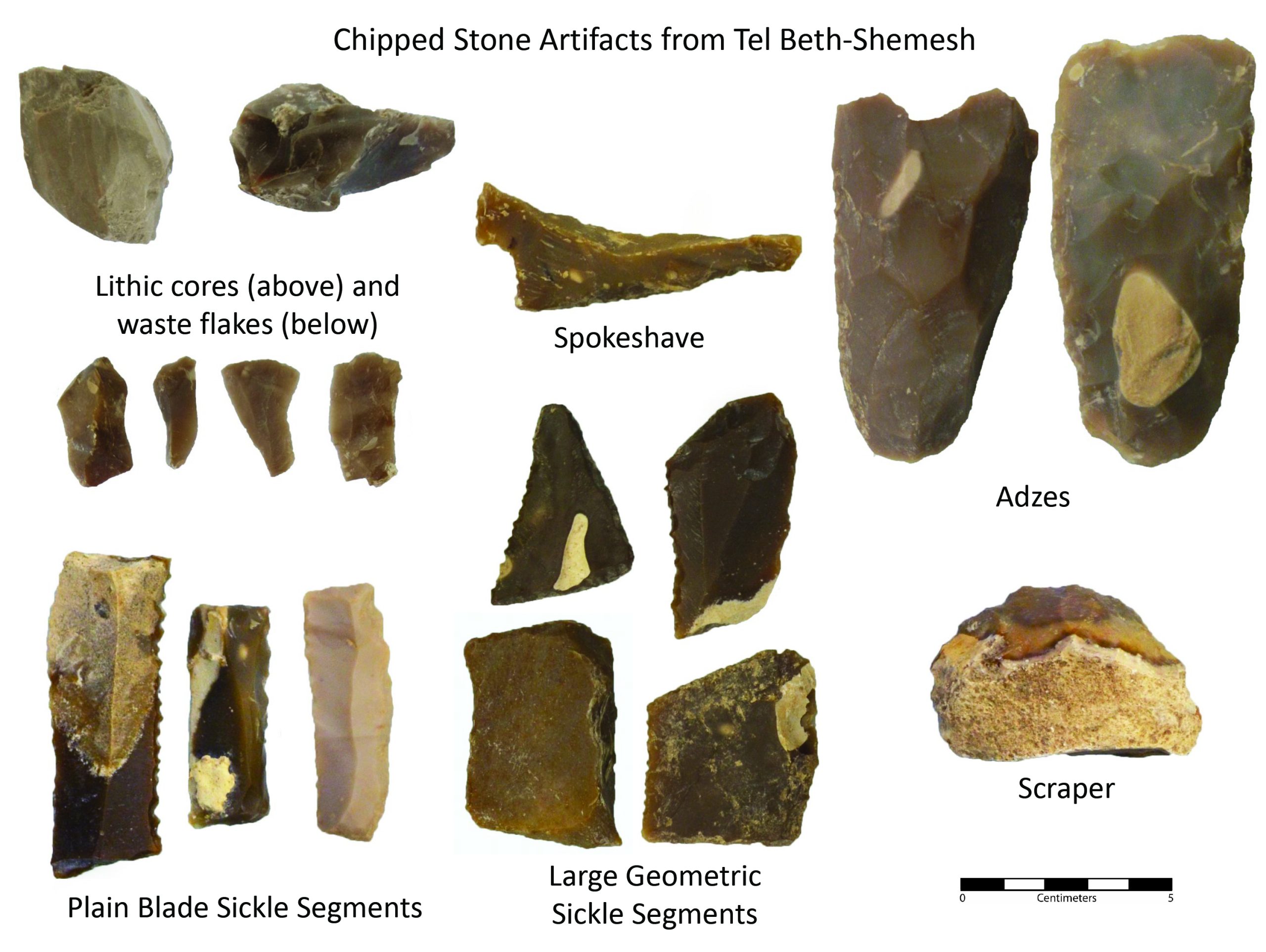 Selection of chipped stone artifacts excavated from Tel Beth-Shemesh (figure by S. Bubel.)