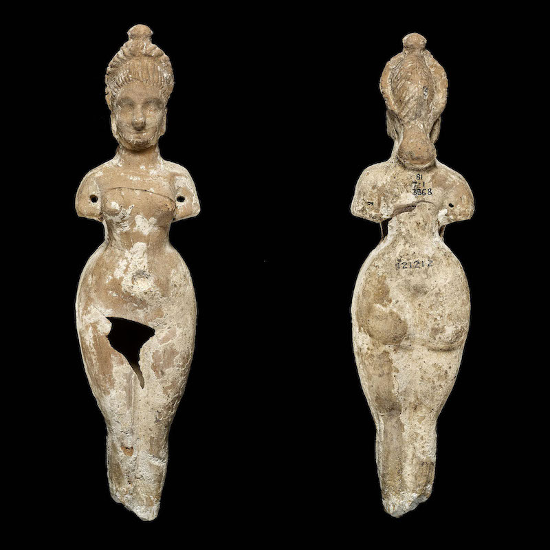 Figure 3. Nude standing female figurine with piercings to joint separately modeled arms. Babylon (Iraq), terracotta, c. 2nd century BCE–1st century CE. Height: 23cm. BM 81-7-1-3368 = 121212. Photo: © The Trustees of the British Museum (CC BY-NC-SA 4.0).