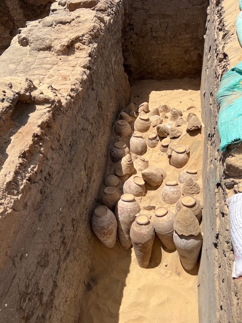 5000-year-old wine jars in the tomb of Queen Meret-Neith in Abydos during the excavation. The jars are in their original context and some of them are still sealed. Photo: EC Köhler, courtesy University of Vienna Media Office.