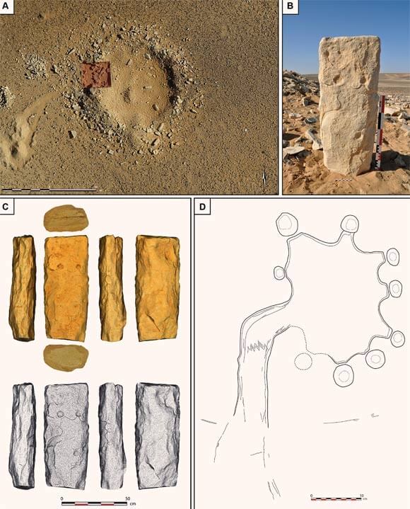 The engraved stone in Jibal al-Khashabiyeh, Jordan, showing a scale drawing of a nearby kite, dated to approximately 7000 years ago. Image credit: Crassard et al., doi: 10.1371/journal.pone.0277927. Open access, distributed under Creative Commons License.