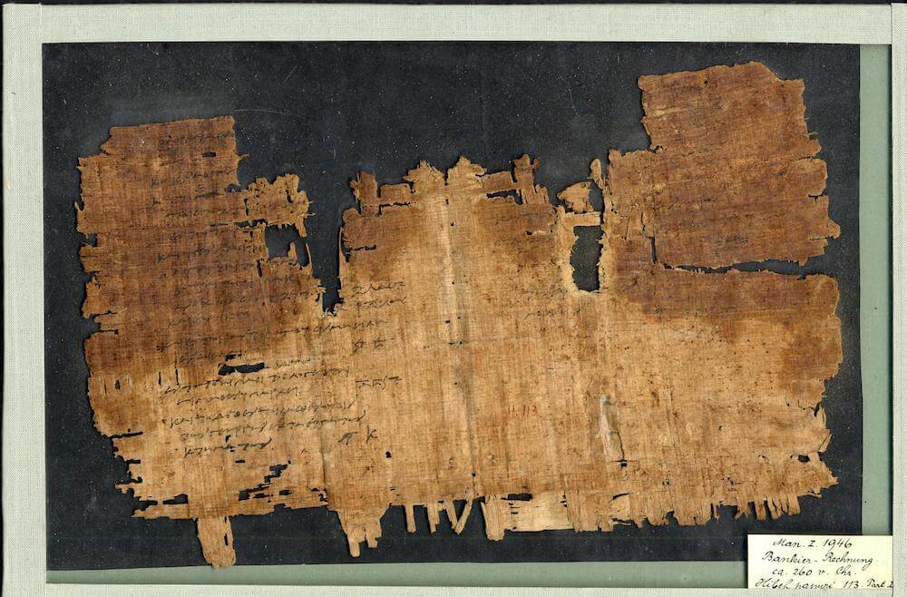 An invoice for various amounts for beer and oil taxes and others. From El-Hibeh. 15x25 cm. Papyrus. Ca. 260 BCE. Photo courtesy Graz University Library. CC BY-NC-SA 3.0.