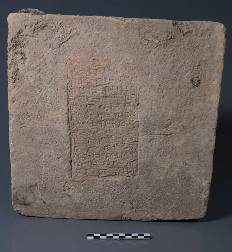 One of the bricks sampled by Matthew Howland and his team: Brick B533 from the Slemani Museum, dated to the reign of Nebuchadnezzar II (ca. 604 to 562 BCE) based on the inscription. This object was looted from its original context before being acquired by the Slemani Museum and stored in that museum with agreement from the central government. Image Credit: Howland et al, doi: 10.1073/pnas.2313361120. CC BY-NC-ND.