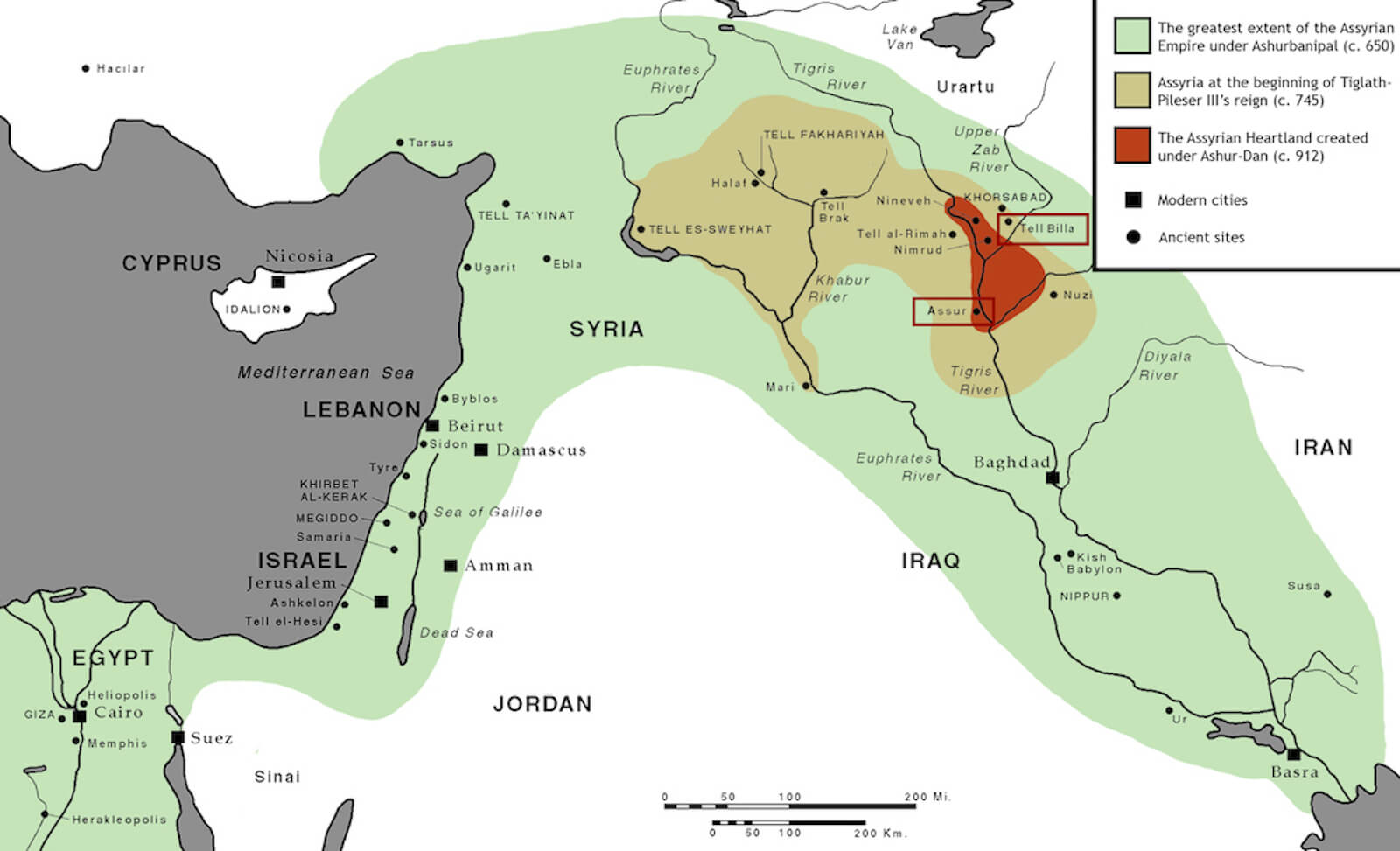 Assyria during its different phases of expansion (base map courtesy of ISAC’s online resources)