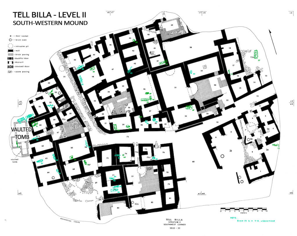 A plan of the southwestern town at Šibaniba with the placements of burials dating to c. 1350-950 BCE. Plans courtesy of the Penn Museum. https://www.penn.museum