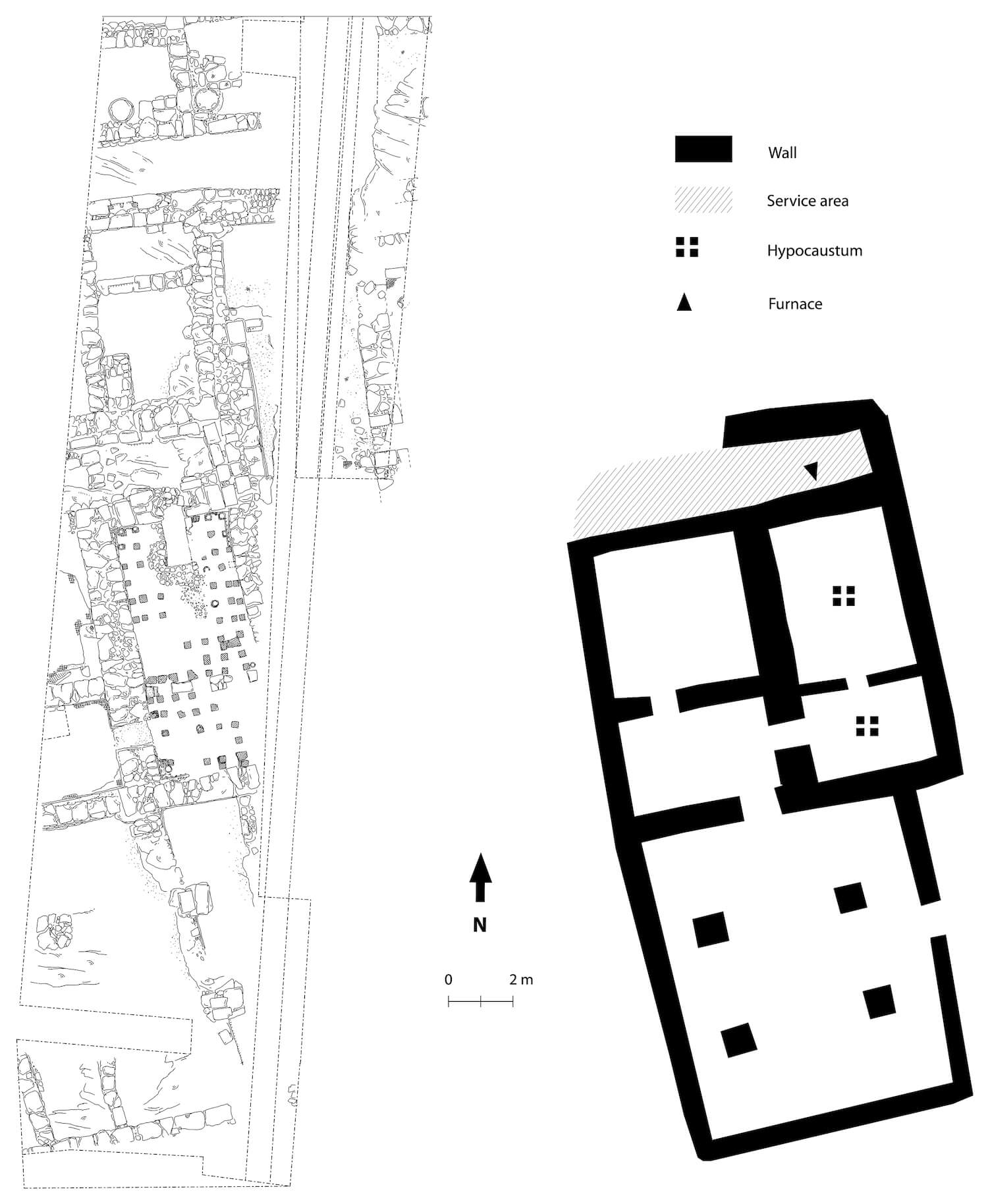 Plan of Southern Bathhouse in Shuafat. Excavation plan by V. Asman; proposed reconstruction plan by A. Kowalewska. Courtesy of the Israel Antiquities Authority.