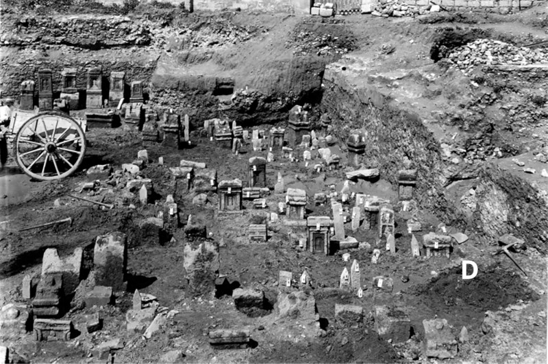 Fig.2. General view westward with stelae from the Kelsey-Michigan Excavation (G. R. Swain photo 7-1874, ©2024 Kelsey Museum of Archaeology, University of Michigan).