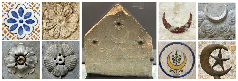 Fig.4. Punic iconography from Mactar (Bardo Cb-989) compared to the decorative repertoire of Dar Ben Gacem—the floret (left) and the lunar crescent (right).
