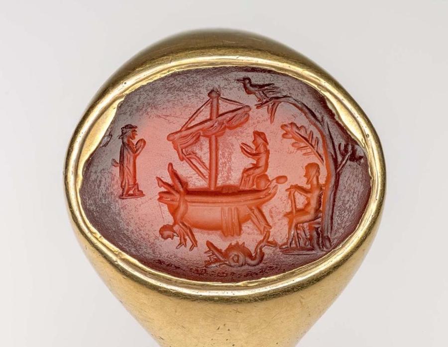 Engraved carnelian gemstone with story of Jonah. Late 3rd or early 4th centuries CE. Museum of Fine Arts, Boston, 03.1008. Image courtesy the Museum of Fine Arts, Boston.