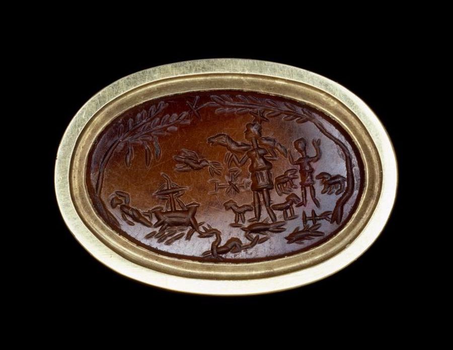 Engraved sardonyx gemstone showing Jonah and ship (left) and Good Shepherd and a figure with hands raised in prayer (right). British Museum, London, 1856,0425.10. Photo: © The Trustees of the British Museum. (CC-BY-NC-SA 4.0)