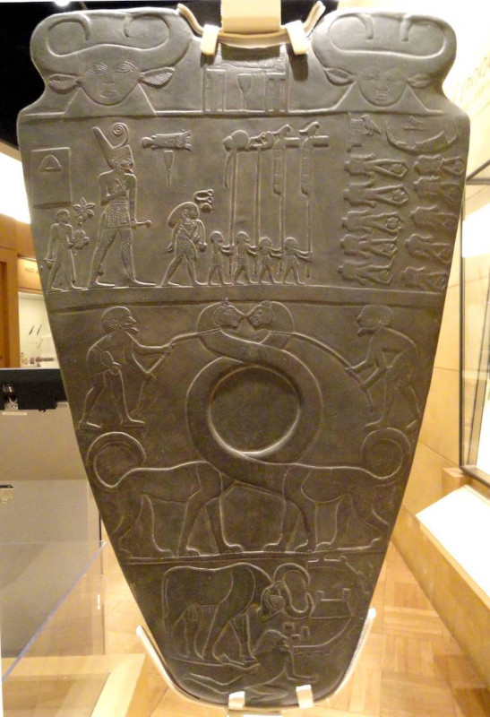 Reproduction of the Palette of King Narmer, the first pharaoh of a unified Egypt. Original dated to ca. 3100 BCE. Royal Ontario Museum. Photo: Daderot, via Wikimedia Commons. CC0 1.0 Public Domain.