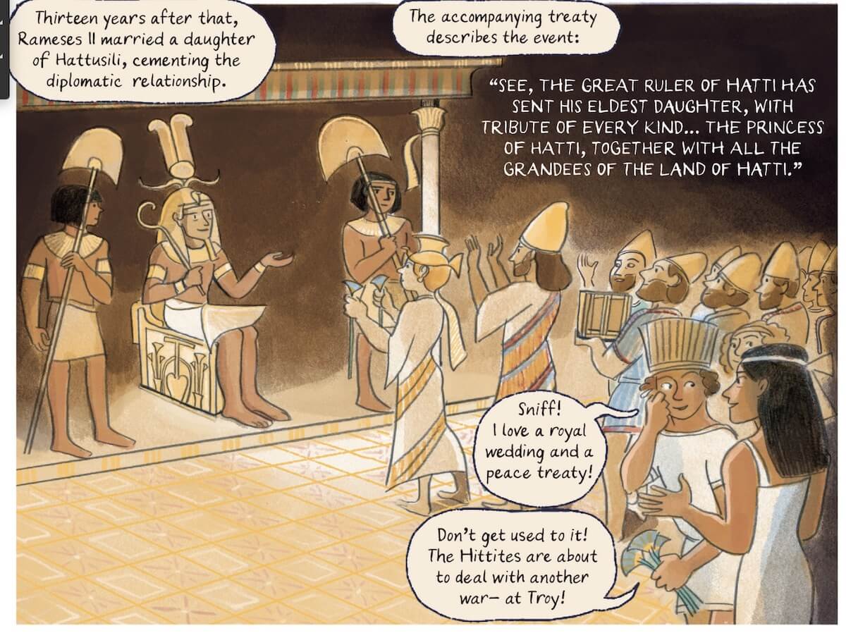 The arrival of the daughter of Hattusili at the court of Rameses II. Text and illustration by Glynnis Fawkes.