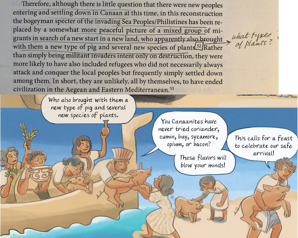 Above: An annotated passage from 1177 BC by Eric Cline about how the Philistines brought a new type of pig with them. Below: The comic book rendering of the above passage. Text and illustration by Glynnis Fawkes.