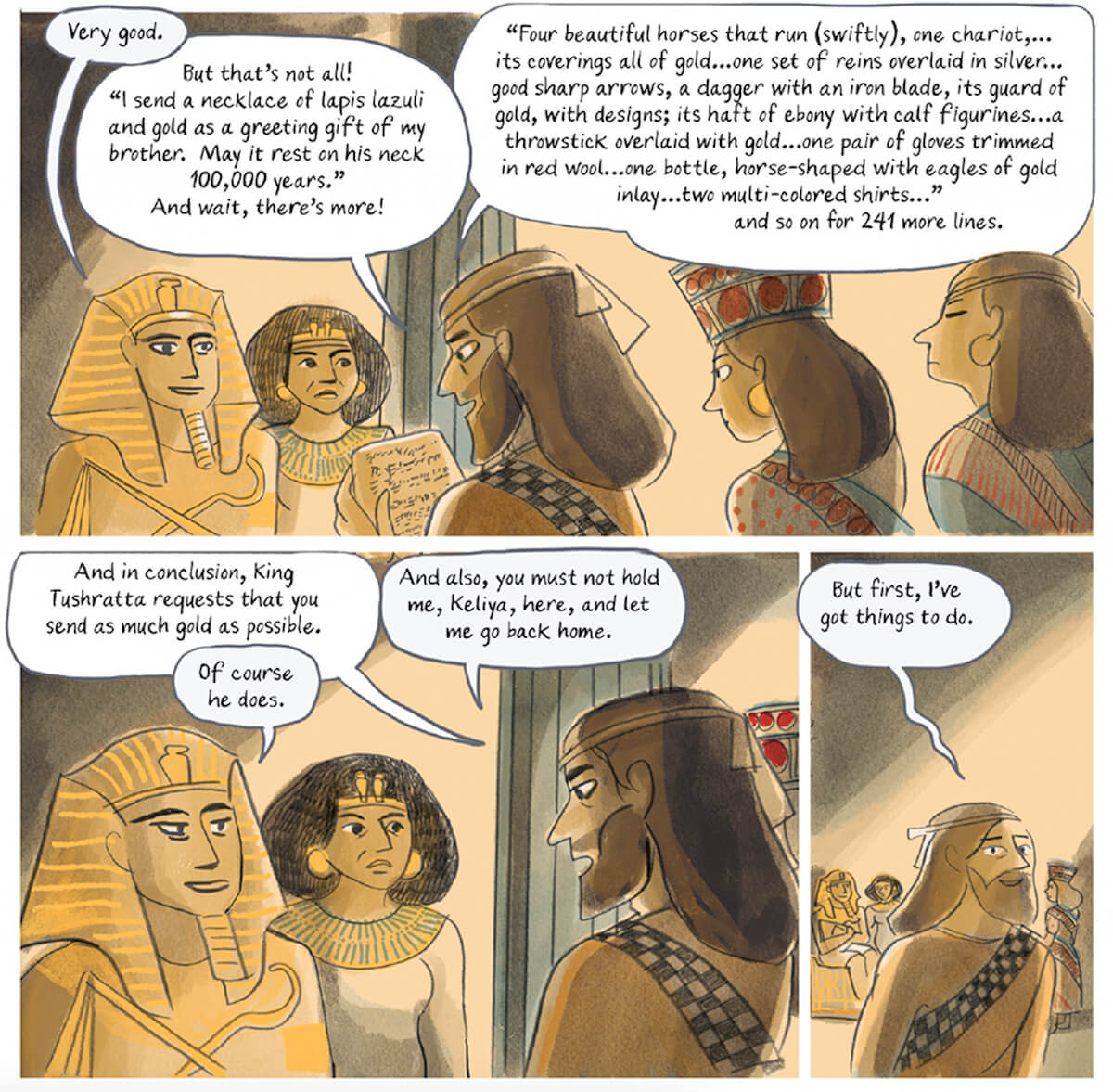 An exchange between Keliya, Chief Minister of Tushratta of Mitanni, and Amenhotep III. Text and illustration by Glynnis Fawkes.