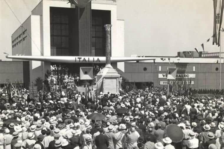 Unveiling of a memorial pillar to Italo Balbo, Century of Progress World’s Fair, 1933–1934. Photo: COP_17_0002_00030_001, Century of Progress Records, 1927-1952, University of Illinois at Chicago Library.