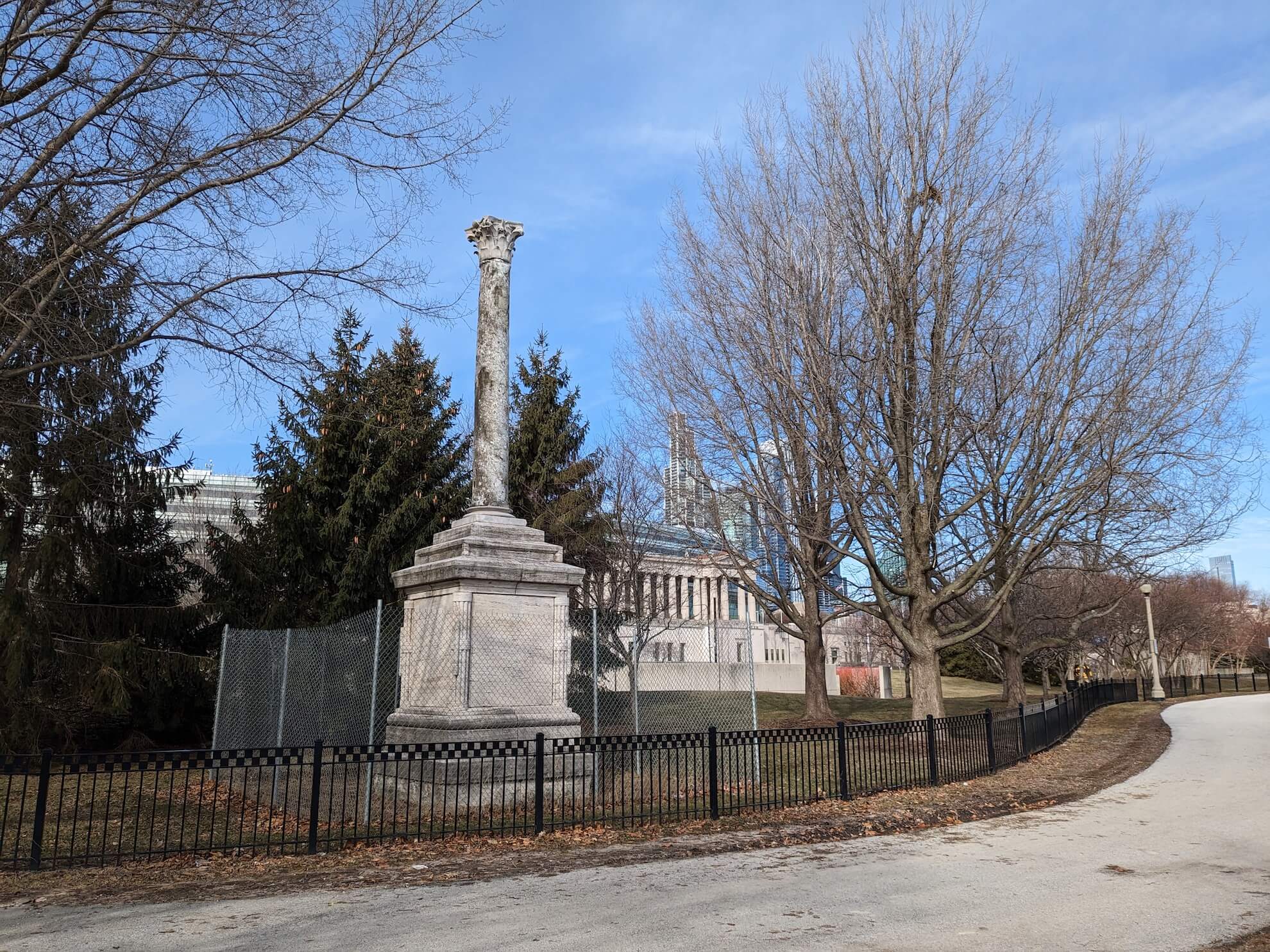 Balbo Monument in the shadow of Soldier Field, Chicago memorial landscape. Photo by M.M. Kersel.