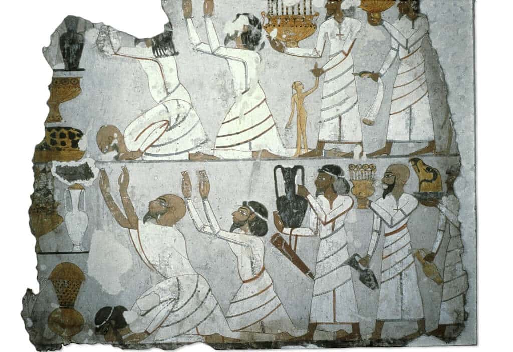 Two pairs of men in western Asian dress do obeisance to Sebekhotep, followed by men carrying vessels, some gold and inlaid with precious stones. Tomb of Sebekhotep (Thebes, TT63; reign of Thutmose IV). British Museum EA37991. © The Trustees of the British Museum.