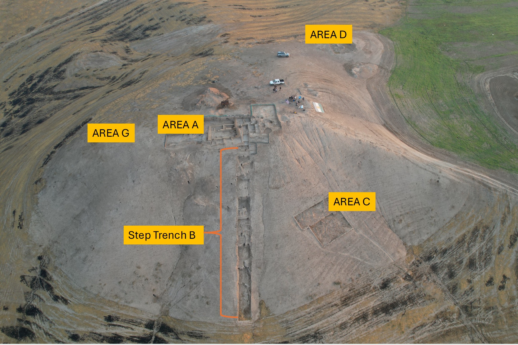 Fig. 2. Tell Helawa with excavated areas 2016-2023. Viewed from the drone. ©MAIPE.
