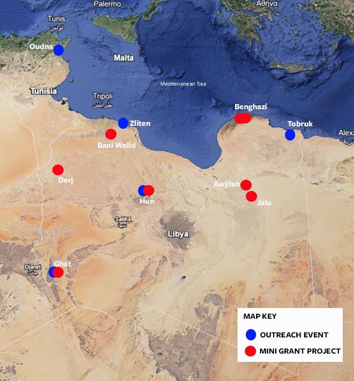 The locations of outreach events and mini-grant activities supported by this project.