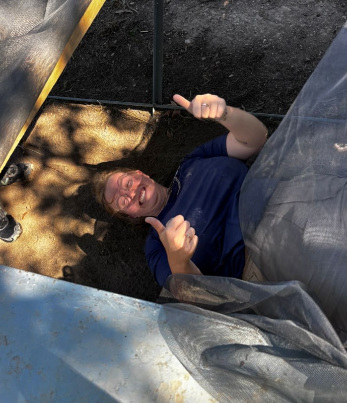 I am taking a break under the flotation trays. Photo by Theresa Cole