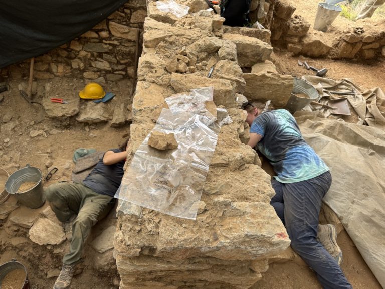 Students excavating a presumed flue of the glass furnace.